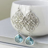 Silver Floral Filigree Aquamarine Drop Earrings