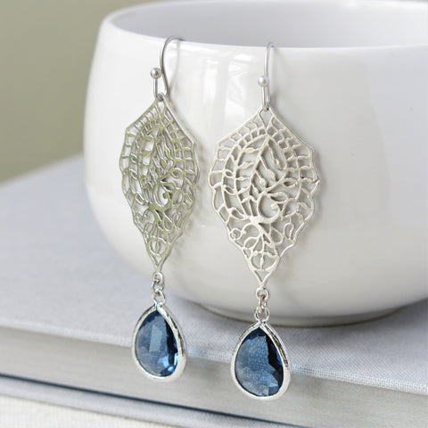 Silver Paisley Filigree Sapphire Blue Drop Earrings