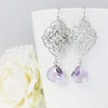 Silver Floral Filigree Lavender Drop Earrings