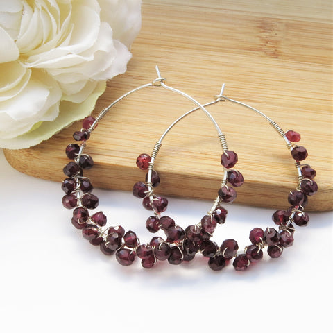 Red Garnet Wrapped Silver Hoops