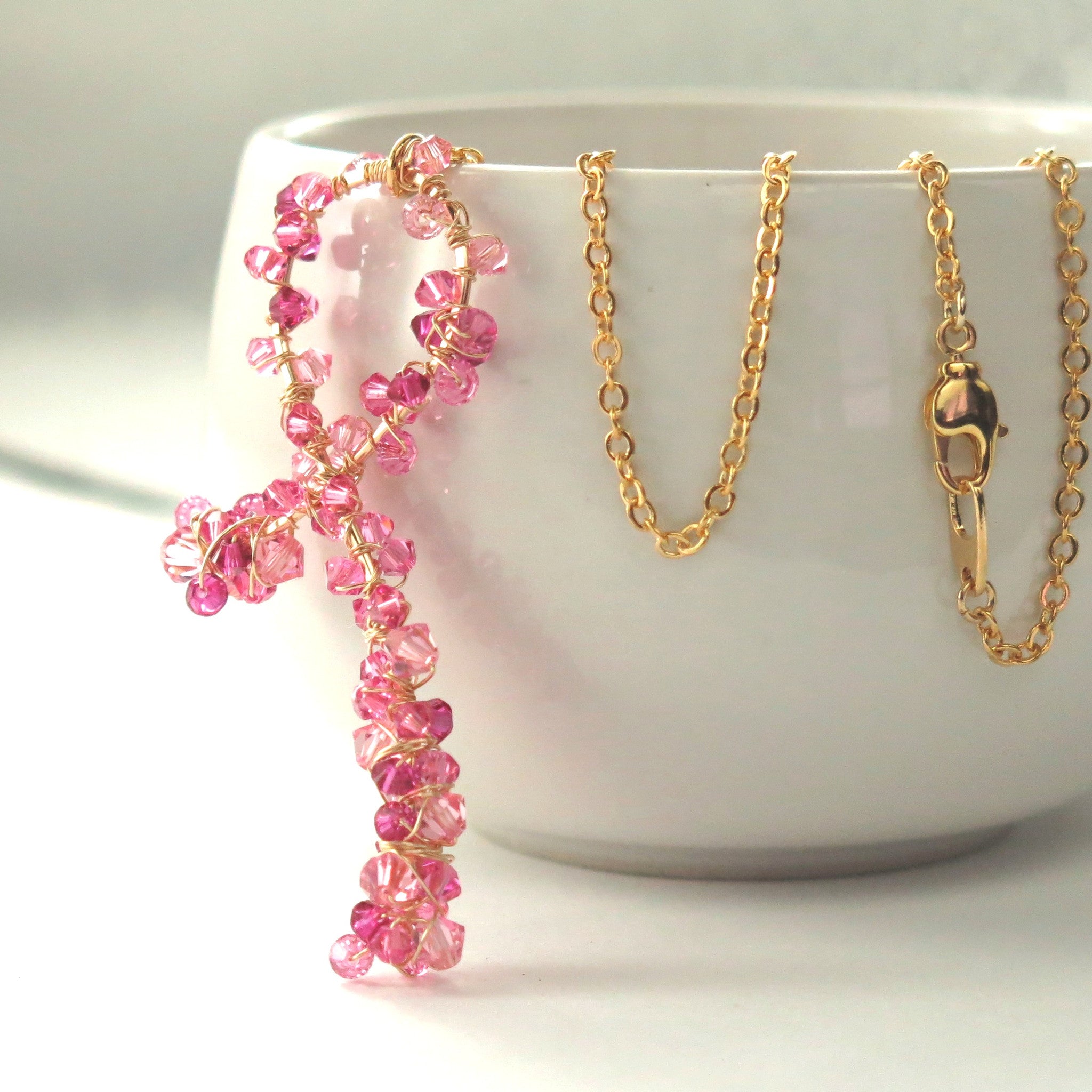 Pink Awareness Ribbon Gold Beaded Bracelet