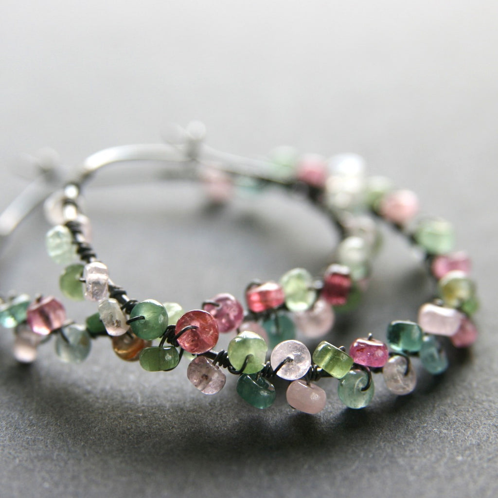 Tourmaline Wrapped Silver Hoops